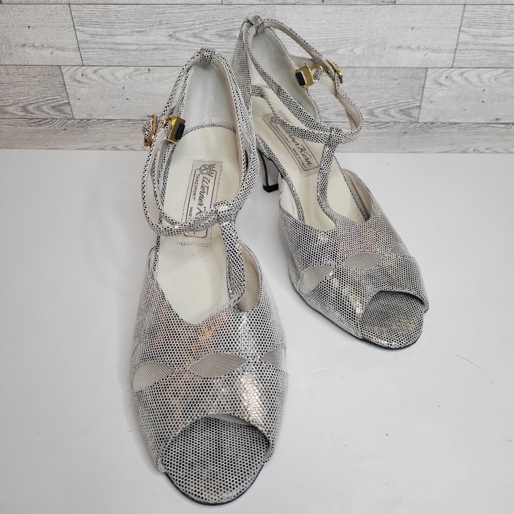 Werner Kern Asta Social Dance Tango Shoes Made in Italy Silver Gold NWOB